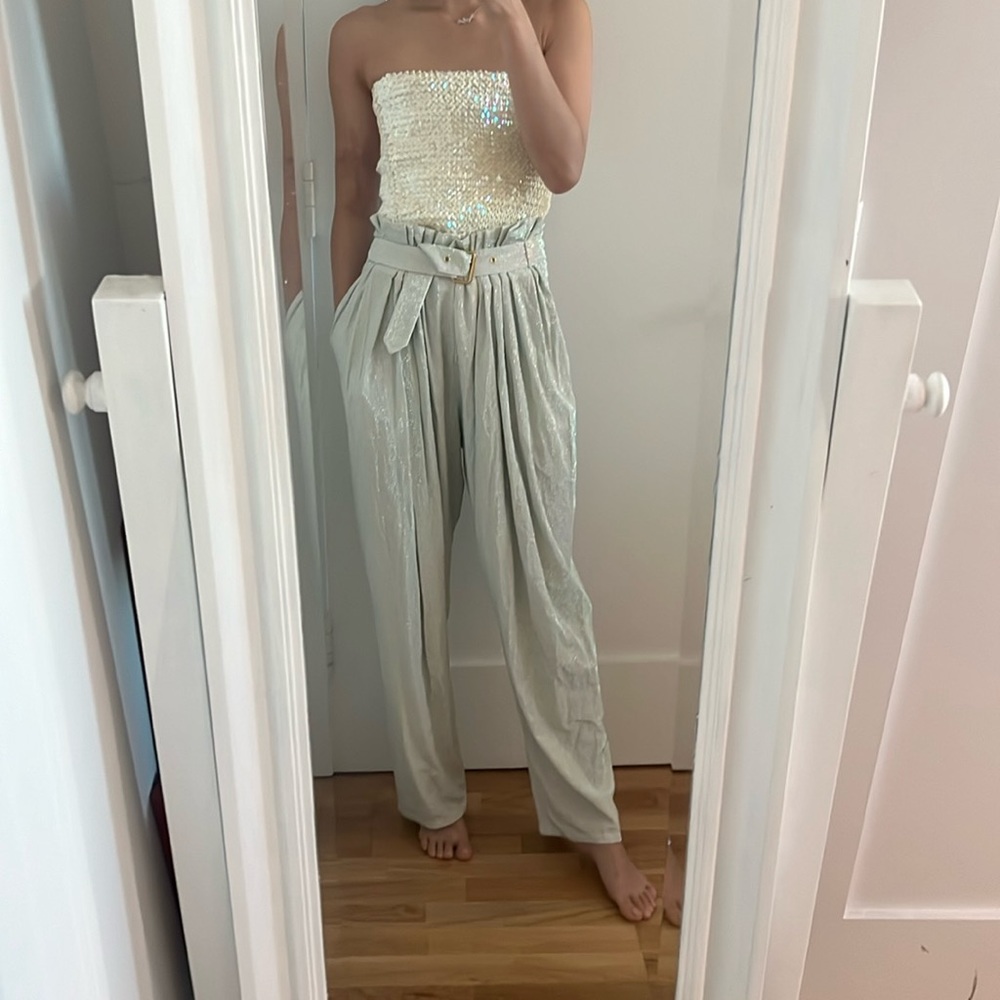 Balmain silver rhinestone high waisted belted wide legged trousers